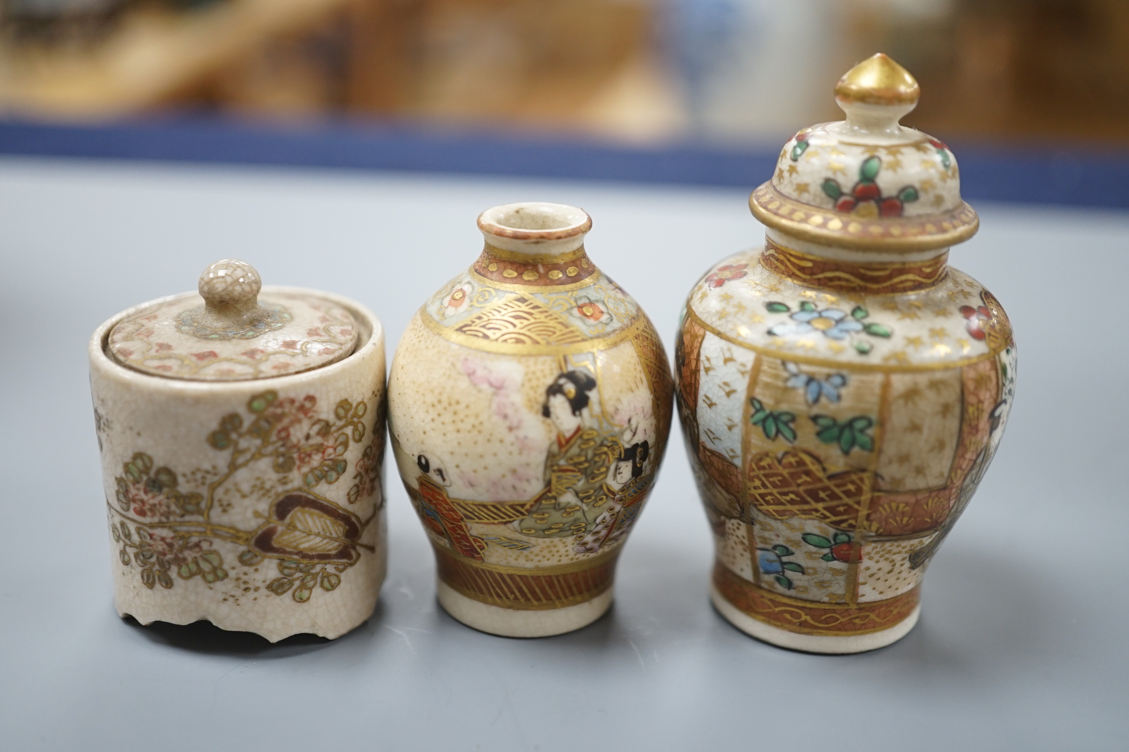 A group of small and miniature Satsuma pottery vases, koros and covers and dishes, late 19th/early 20th century, 3cm - 12cm
